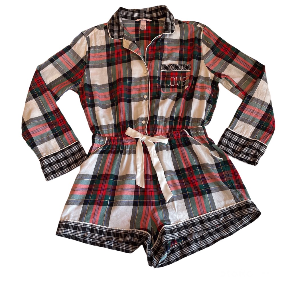 Victoria's Secret Flannel One Piece Romper Red Plaid Crystal Embellished Medium